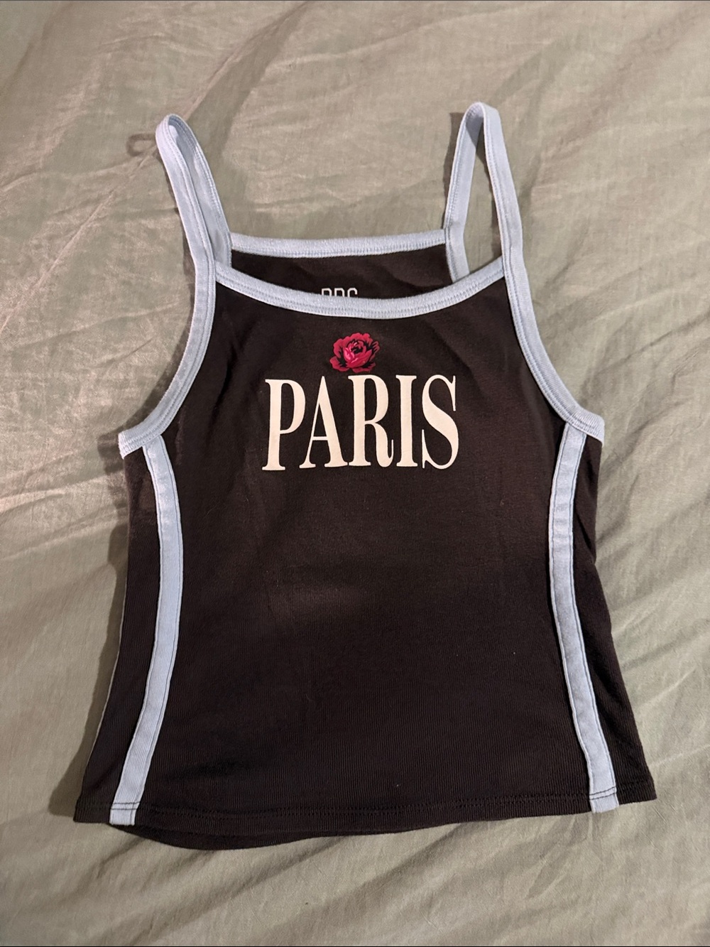 BDG Black Tank Top with Light Blue Trim and Pink Rose 'PARIS' Print